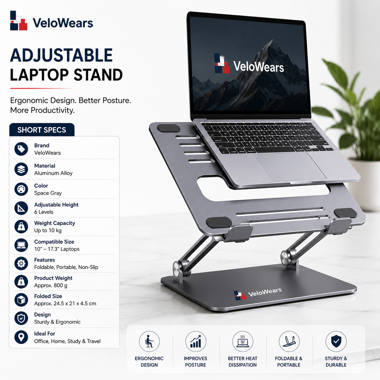 VeloWears Adjustable Aluminum Laptop Stand - Image 2